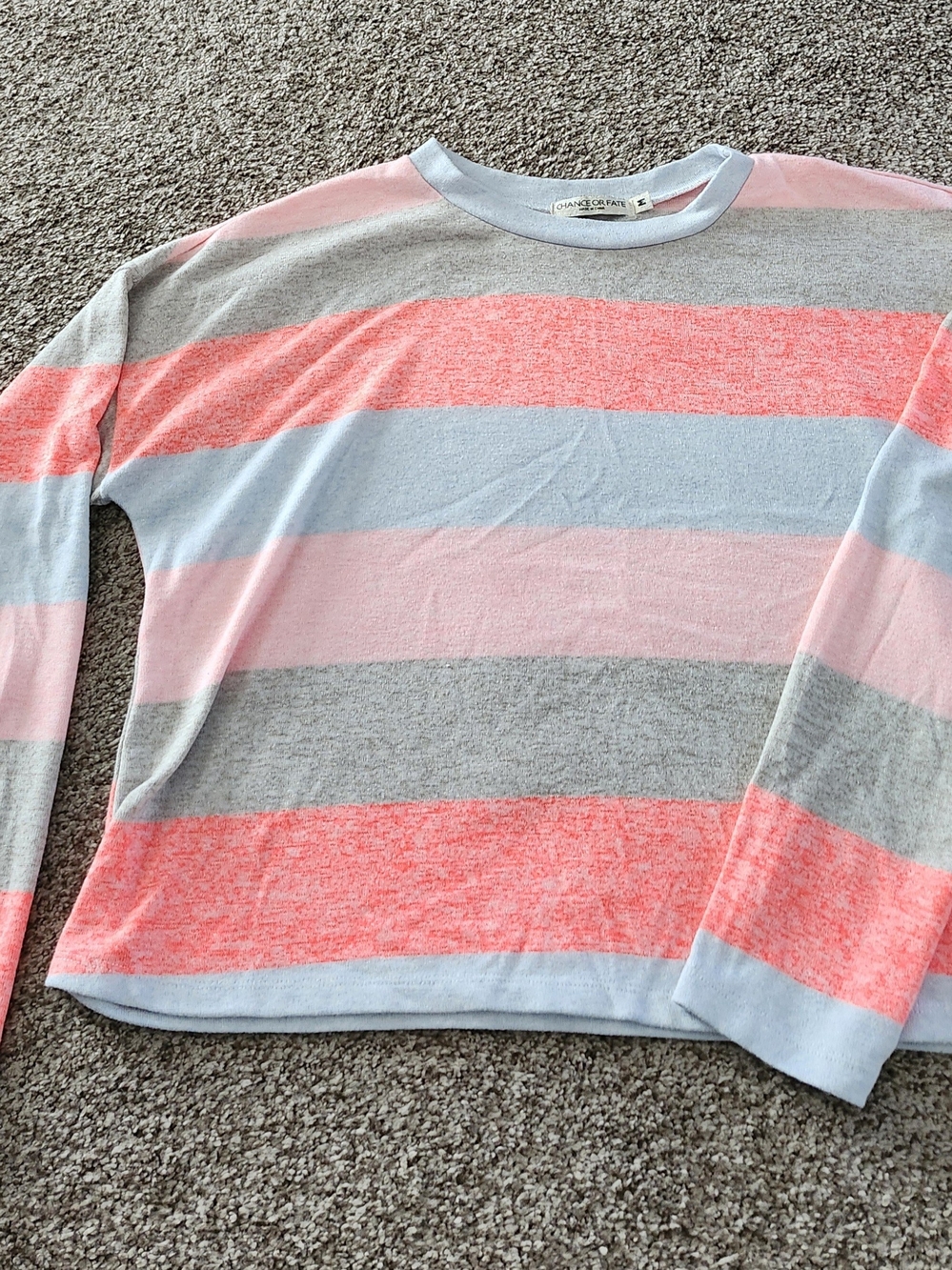 Chance or Fate Womens Striped Crewneck Sweater in Coral, Light Blue & Gray